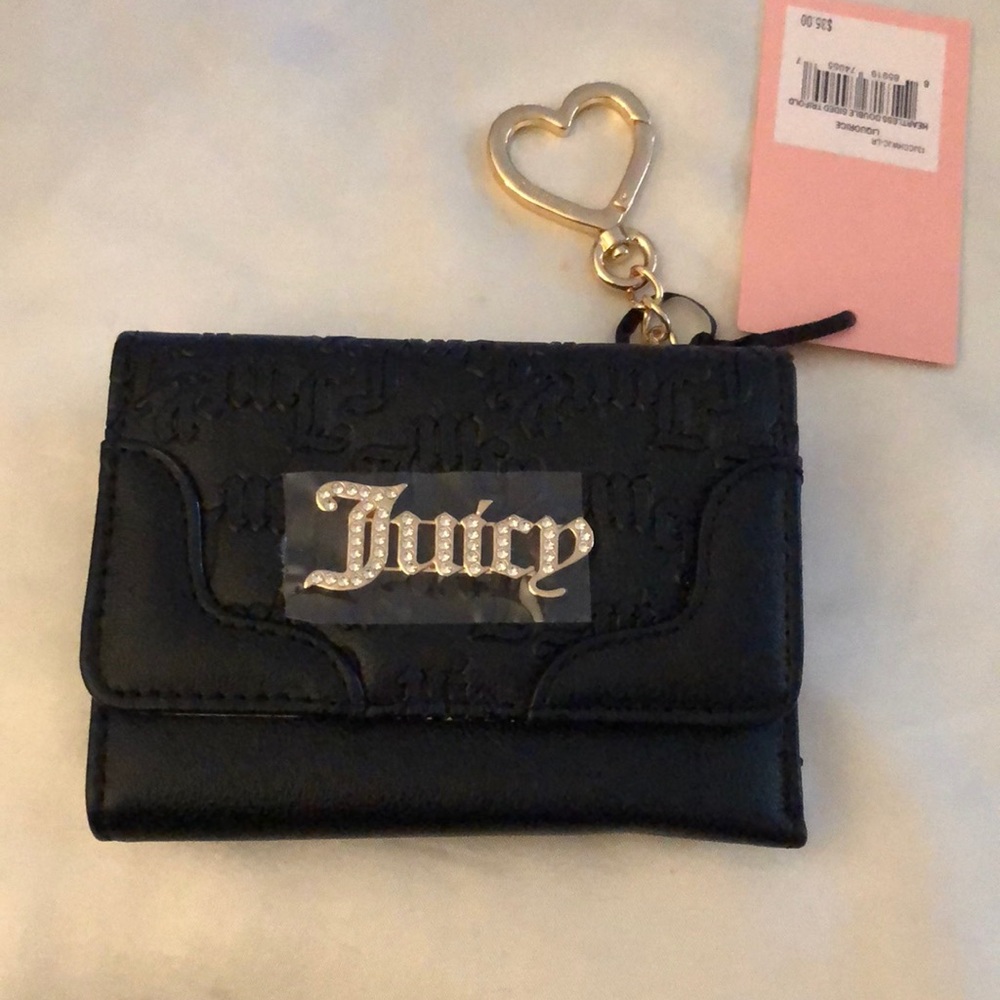 Juicy Couture Liquorice Heartless Double Sided Trifold Wallet CZ Juicy Logo NWT